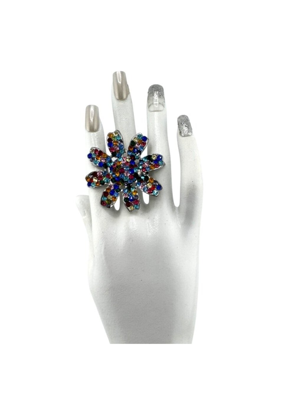 Flower Statement Ring Multicolor Rhinestone Adjustable Size Silver-Tone Metal